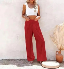 Cotton Wide Leg Elastic Waist Trousers - Ra The Boutique