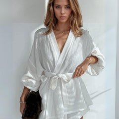 Cotton Wrap Style Sash Tie Waist Bubble Sleeve Top and High Waisted Short Set - Ra The Boutique