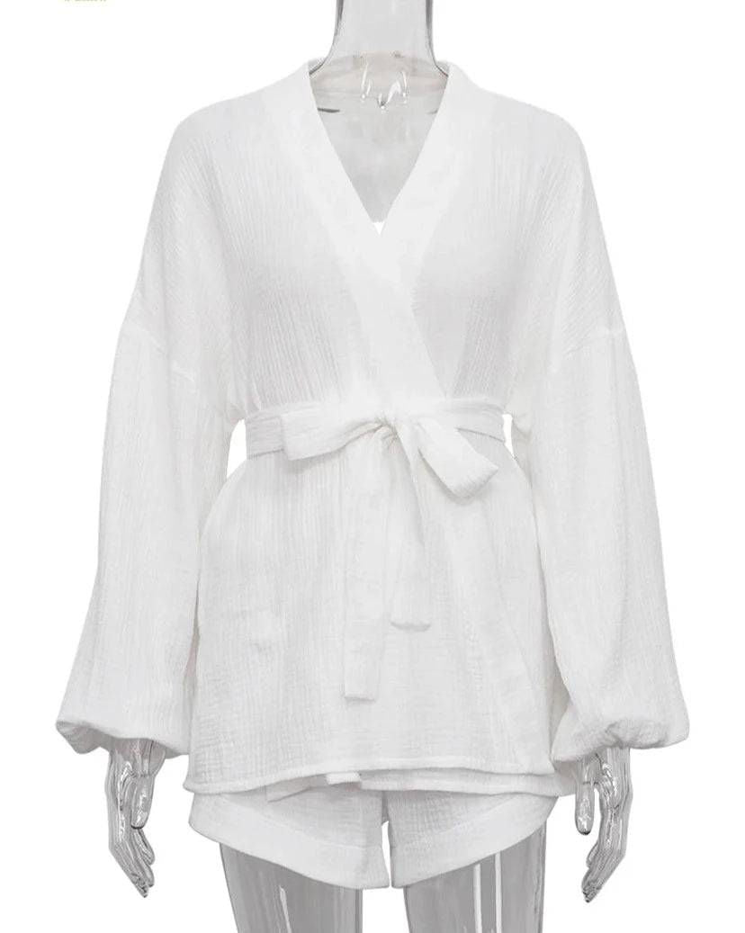 Cotton Wrap Style Sash Tie Waist Bubble Sleeve Top and High Waisted Short Set - Ra The Boutique