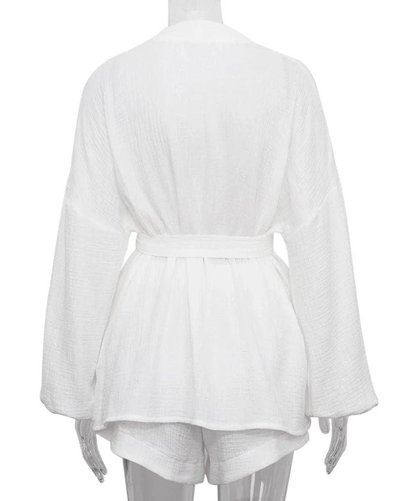Cotton Wrap Style Sash Tie Waist Bubble Sleeve Top and High Waisted Short Set - Ra The Boutique