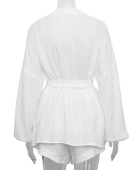Cotton Wrap Style Sash Tie Waist Bubble Sleeve Top and High Waisted Short Set - Ra The Boutique
