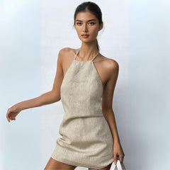 Cotton and Linen Backless Halter Mini Shift Dress - Ra The Boutique