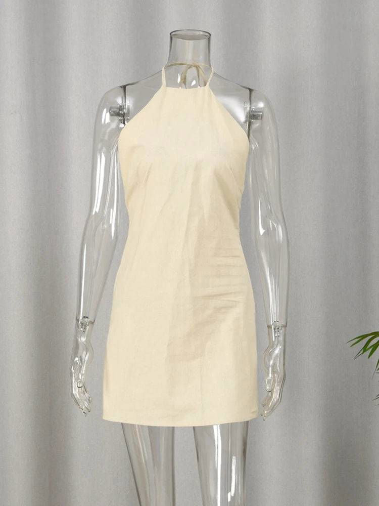 Cotton and Linen Backless Halter Mini Shift Dress - Ra The Boutique