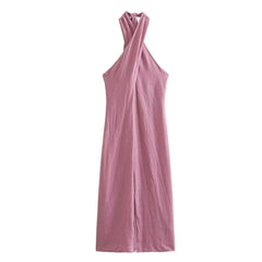Cotton and Linen Twist Front Halter Neck Open Back Maxi Dress - Ra The Boutique