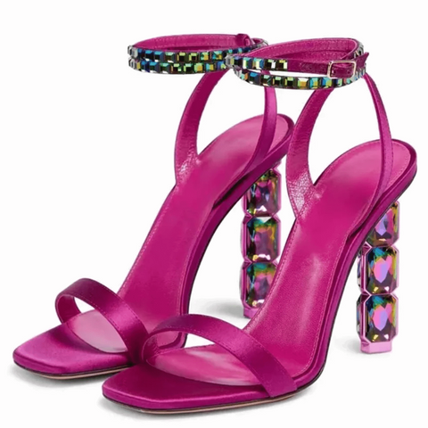 Crystal Jewel Embellished Satin Ankle Strap Open Toe Sandals - Ra The Boutique - Heels - #tag1# - #tag2#