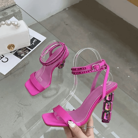 Crystal Jewel Embellished Satin Ankle Strap Open Toe Sandals - Ra The Boutique -  - #tag1# - #tag2#