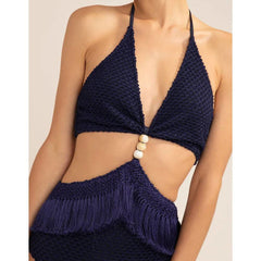 Cut Out Bead and Fringe One Piece Swimsuit - Ra The Boutique