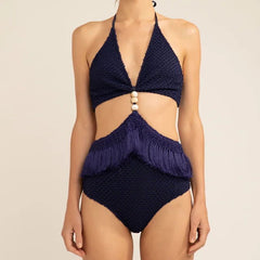 Cut Out Bead and Fringe One Piece Swimsuit - Ra The Boutique