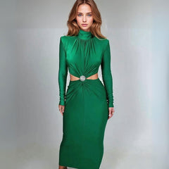 Cut Out Turtleneck Long Sleeve Bodycon Silky Midi Dress - Ra The Boutique - Midi Dresses - #tag1# - #tag2#