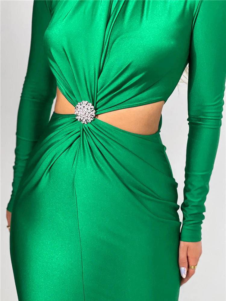 Cut Out Turtleneck Long Sleeve Bodycon Silky Midi Dress - Ra The Boutique -  - #tag1# - #tag2#