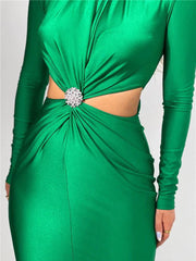 Cut Out Turtleneck Long Sleeve Bodycon Silky Midi Dress - Ra The Boutique -  - #tag1# - #tag2#