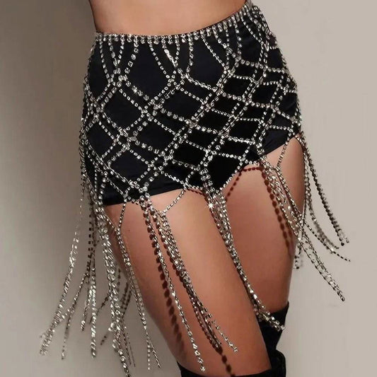 Diamante Cut Out Tassel Fringe Chain Mini Skirt - Ra The Boutique