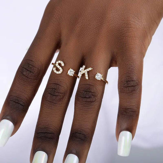 Diamante Monogram Adjustable Gold Alphabet Ring Stainless Steel - Ra The Boutique