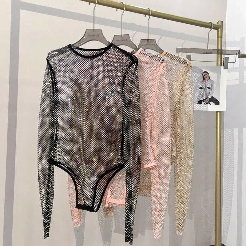 Diamante Sparkle Mesh Sheer Long Sleeve Bodysuit - Ra The Boutique
