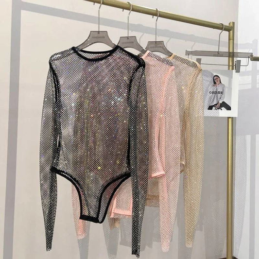 Diamante Sparkle Mesh Sheer Long Sleeve Bodysuit - Ra The Boutique