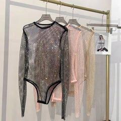 Diamante Sparkle Mesh Sheer Long Sleeve Bodysuit - Ra The Boutique