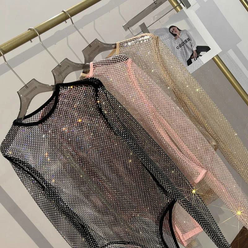 Diamante Sparkle Mesh Sheer Long Sleeve Bodysuit - Ra The Boutique