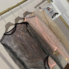Diamante Sparkle Mesh Sheer Long Sleeve Bodysuit - Ra The Boutique