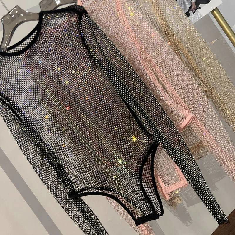 Diamante Sparkle Mesh Sheer Long Sleeve Bodysuit - Ra The Boutique