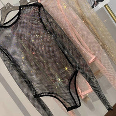 Diamante Sparkle Mesh Sheer Long Sleeve Bodysuit - Ra The Boutique