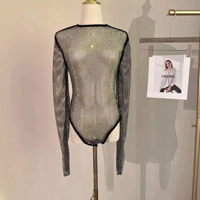 Diamante Sparkle Mesh Sheer Long Sleeve Bodysuit - Ra The Boutique