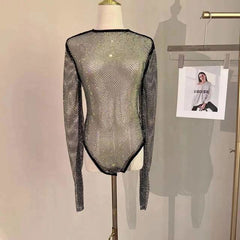 Diamante Sparkle Mesh Sheer Long Sleeve Bodysuit - Ra The Boutique
