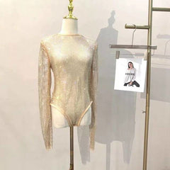 Diamante Sparkle Mesh Sheer Long Sleeve Bodysuit - Ra The Boutique