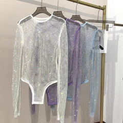 Diamante Sparkle Mesh Sheer Long Sleeve Bodysuit - Ra The Boutique