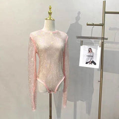 Diamante Sparkle Mesh Sheer Long Sleeve Bodysuit - Ra The Boutique