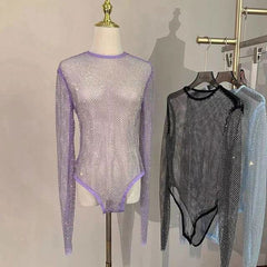 Diamante Sparkle Mesh Sheer Long Sleeve Bodysuit - Ra The Boutique
