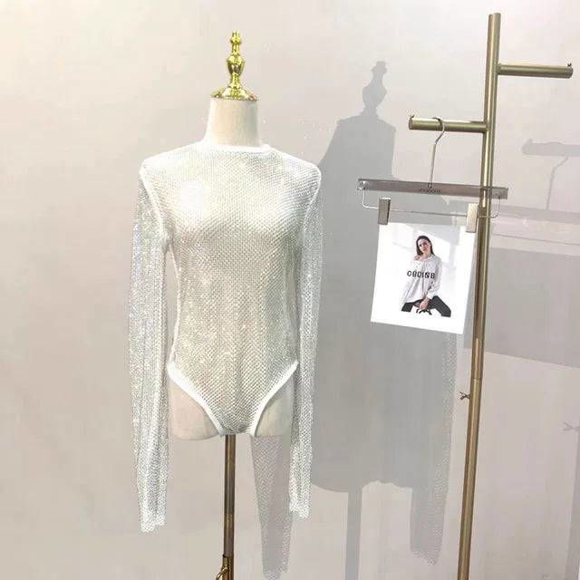 Diamante Sparkle Mesh Sheer Long Sleeve Bodysuit - Ra The Boutique