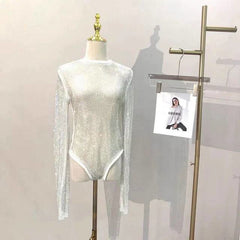 Diamante Sparkle Mesh Sheer Long Sleeve Bodysuit - Ra The Boutique
