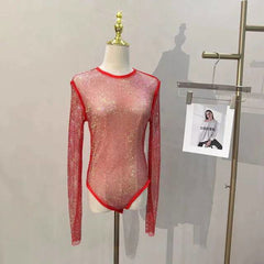 Diamante Sparkle Mesh Sheer Long Sleeve Bodysuit - Ra The Boutique