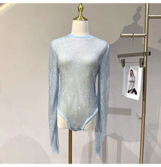 Diamante Sparkle Mesh Sheer Long Sleeve Bodysuit - Ra The Boutique
