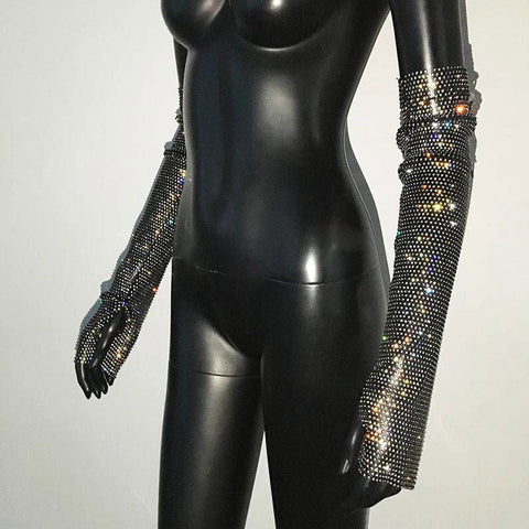 Diamante Sparkle Sheer Fingerless Gloves With Thumb Hole - Ra The Boutique