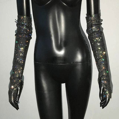 Diamante Sparkle Sheer Fingerless Gloves With Thumb Hole - Ra The Boutique