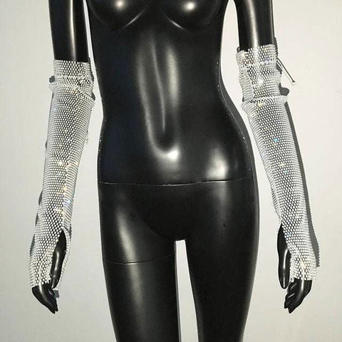 Diamante Sparkle Sheer Fingerless Gloves With Thumb Hole - Ra The Boutique