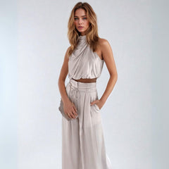 Draped Silk Sleeveless Crop Top and Fitted Pleated Wide Leg Pant Set - Ra The Boutique