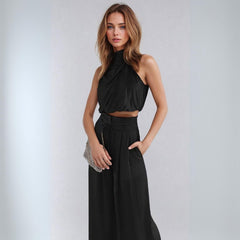 Draped Silk Sleeveless Crop Top and Fitted Pleated Wide Leg Pant Set - Ra The Boutique