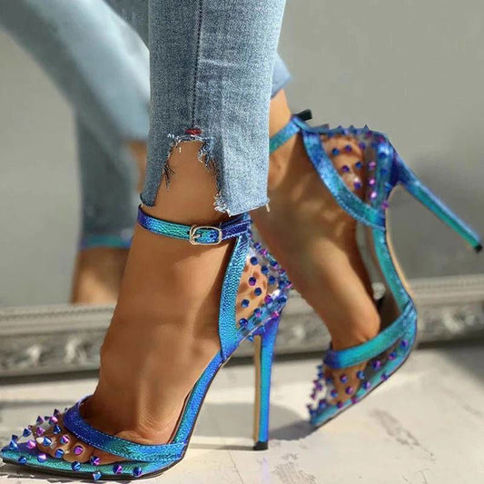 Edgy Blue and Green Metallic Rivet Stiletto Ankle Strap Pumps - Ra The Boutique