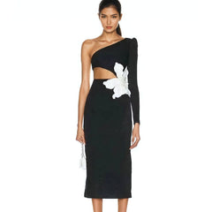 Flower Detail Asymmetrical Long Sleeve Midi Dress - Ra The Boutique
