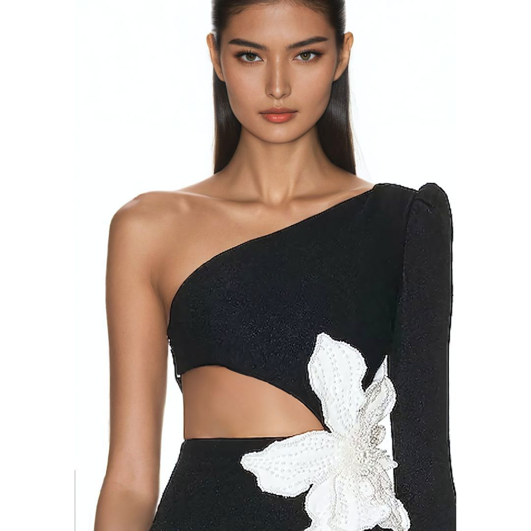 Flower Detail Asymmetrical Long Sleeve Midi Dress - Ra The Boutique