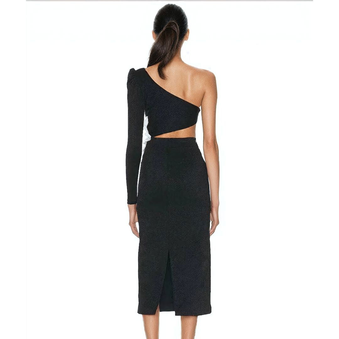 Flower Detail Asymmetrical Long Sleeve Midi Dress - Ra The Boutique