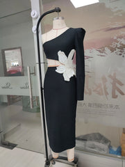 Flower Detail Asymmetrical Long Sleeve Midi Dress - Ra The Boutique