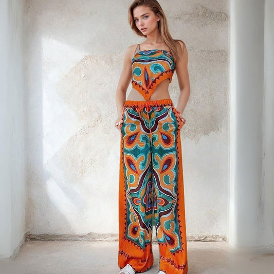 Flowy Printed Drawstring Wide Leg Pants and Bandana Style Bandeau Top - Ra The Boutique