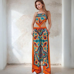 Flowy Printed Drawstring Wide Leg Pants and Bandana Style Bandeau Top - Ra The Boutique