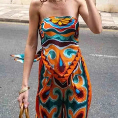 Flowy Printed Drawstring Wide Leg Pants and Bandana Style Bandeau Top - Ra The Boutique