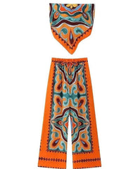 Flowy Printed Drawstring Wide Leg Pants and Bandana Style Bandeau Top - Ra The Boutique