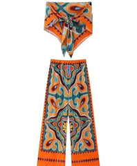 Flowy Printed Drawstring Wide Leg Pants and Bandana Style Bandeau Top - Ra The Boutique