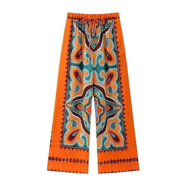 Flowy Printed Drawstring Wide Leg Pants and Bandana Style Bandeau Top - Ra The Boutique
